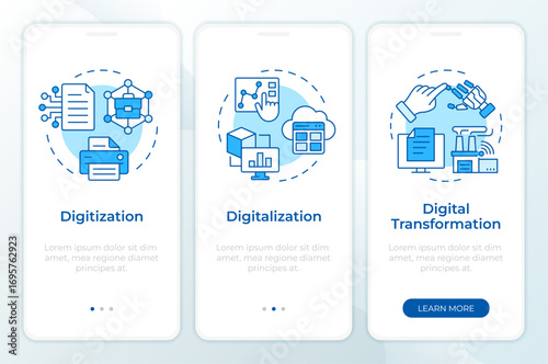 Wallpaper Mural Digital practices blue onboarding mobile app screen. Statistical analysis. Walkthrough 3 steps editable graphic instructions with linear concepts. UI, UX, GUI. Montserrat SemiBold, Regular fonts used Torontodigital.ca