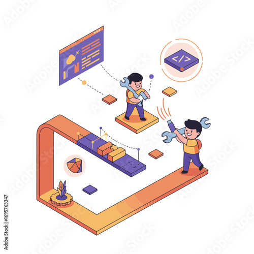 Optimizing Software Development Process & Technical Support Vector Illustration