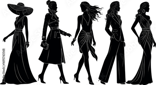 Elegant fashion silhouettes five diverse women displaying high fashion styles and poses