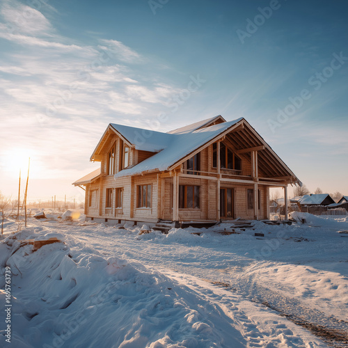 Wooden house under construction with snow on roof in winter countryside.