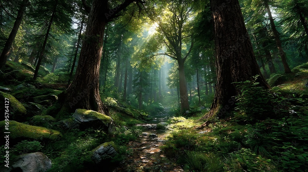 Fototapeta premium Sunbeams filtering through lush forest canopy illuminating a pristine stream