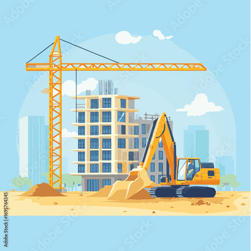 Construction Site with Heavy Machinery Building High-Rise Apartment Complex