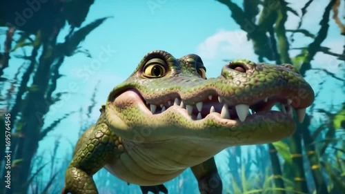 A large 3D cartoon crocodile with an open mouth and sharp teeth is swimming in a swampy environment with trees and blue water.