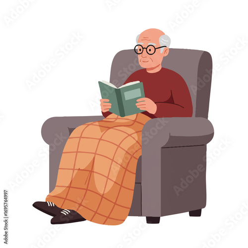 An older man with glasses is comfortably seated in a vibrant 2D flat vector illustration, engrossed in reading a book with a warm blanket over his lap, set against a clean white background.