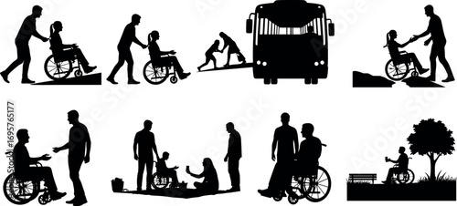 Diverse silhouettes showcasing disability assistance and inclusion in various settings