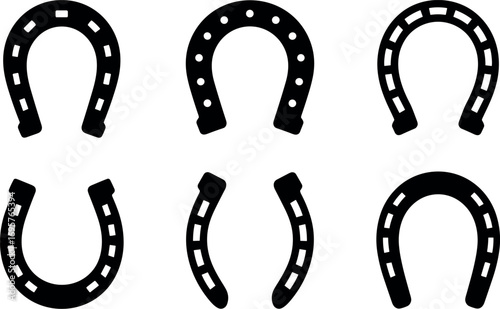 Collection of six black horseshoe silhouettes for luck and equestrian themes