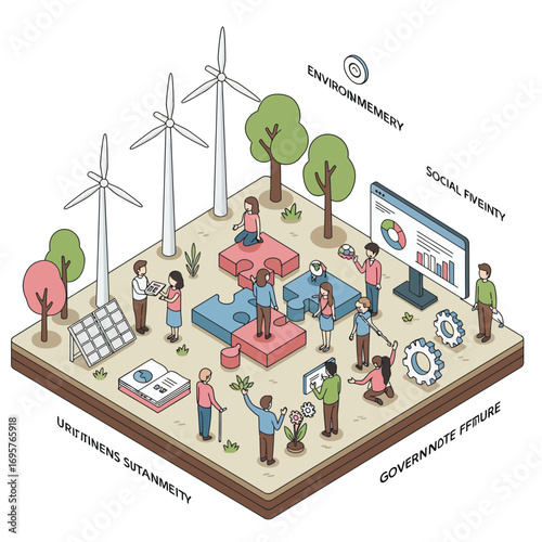 ESG Strategy Vector Illustration: Collaborative Team Building Sustainable Business for Corporate Responsibility