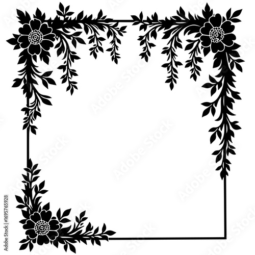 black and white floral frame, frame, floral, flower, vector, leaf, design, border, decoration, pattern, illustration, nature, plant, art, silhouette, ornament, vintage, tree, branch, card, black, spri