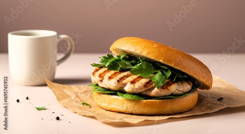 Fresh grilled chicken sandwich with greens on a table next to a cup of coffee