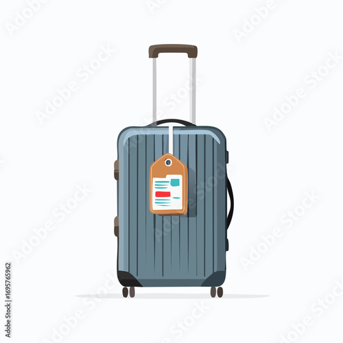 Wheel luggage for travel. Modern suitcase with handle, baggage tag