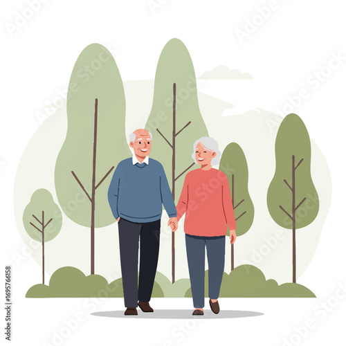 A smiling older couple holds hands while enjoying a leisurely walk through a vibrant park with stylized trees, captured in a clean 2D flat vector illustration with bright colors.