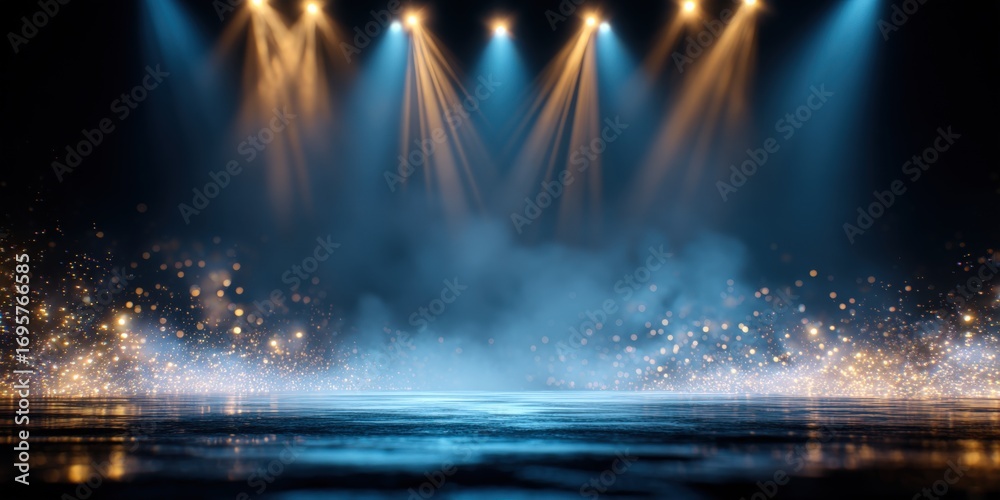 Fototapeta premium Illuminated Stage with Spotlights and Smoke, Perfect for Concerts, Performances, and Dramatic Presentations