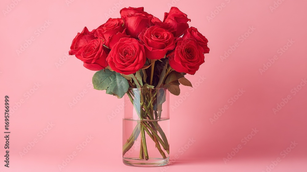Fototapeta premium Elegant Bouquet of Red Roses in Glass Vase Against a Pink Background, Symbolizing Love and Romance