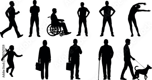 Collection of diverse human silhouettes in various poses representing activity and lifestyle in a clear graphic format