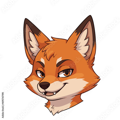 Cute cartoon fox head with a sly expression.