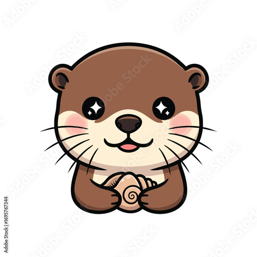 Cute Little Otter Holding a Shell Cartoon.