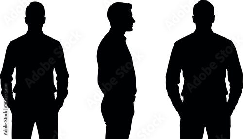 Three silhouette views of a man standing front side and back profile casual attire