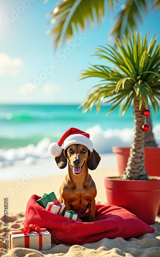 Dachshund Santa on the Tropical Beach