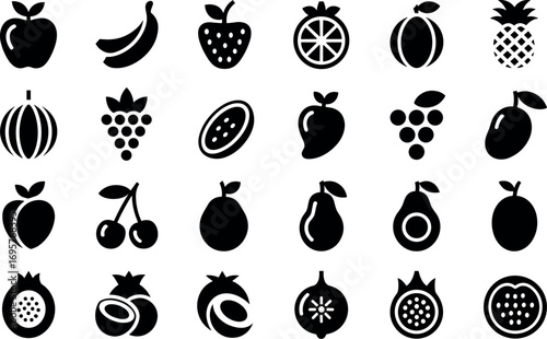 Collection of 25 silhouette icons representing various fresh fruits and produce variety for culinary design