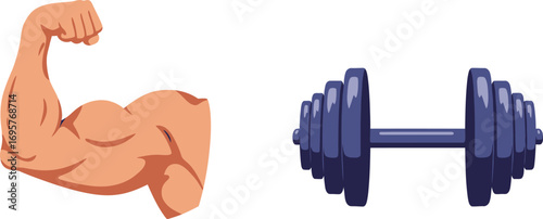 a strong arm flexing next to a blue dumbbell