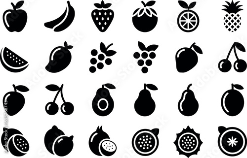 Collection of diverse healthy fresh fruit icons for culinary use and nutritional information