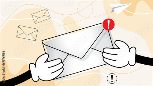email marketing illustration, email campaign banner design, marketing material, hand retro cartoon holding envelope with notification icon