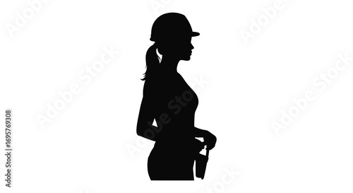a woman wearing hardhat holding tools silhouette