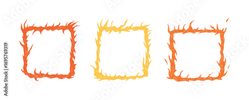Hand drawn flame border set. Blazing crayon square frames. Red burning fires sketch for photo, collage, punk grafitti. Hot flaming circles shapes. Isolated Vector illustration.