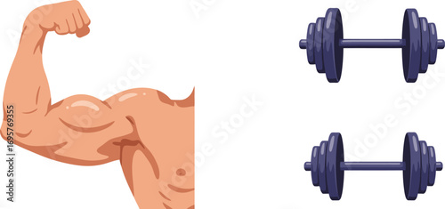 flexing arm muscles next to dumbbells showing strength