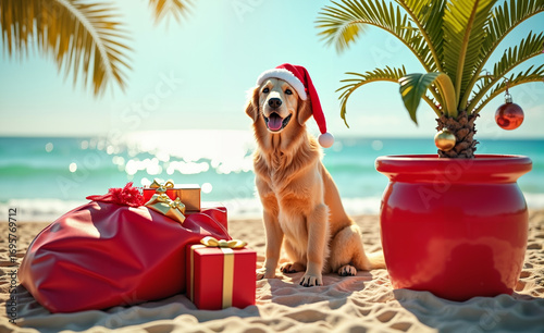 Golden Retriever Santa on the Tropical Beach