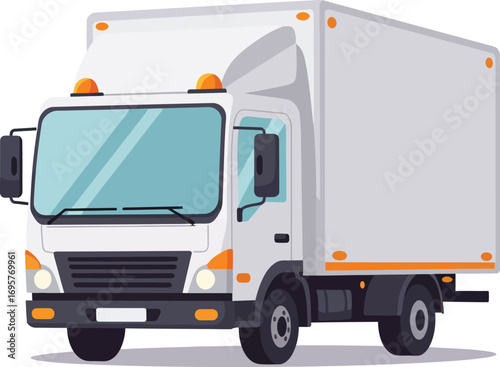 a white delivery truck with orange accents parked