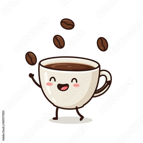 Joyful Coffee Cup Character Vector Illustration for Morning Energy and Brand Marketing