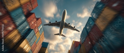 An airplane flies overhead between stacks of colorful shipping containers under a partly cloudy sky, with motion blur emphasizing movement.