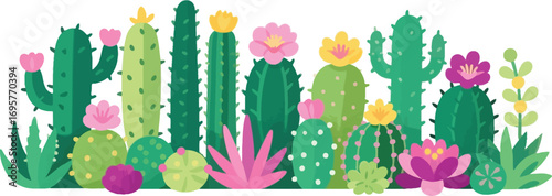 Playful Desert Oasis A Colorful and Whimsical Cactus Garden Illustration for Children and Nature Enthusiasts Delightful Botanical Art