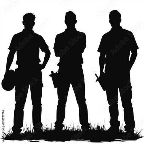 Three male construction workers silhouettes on white background