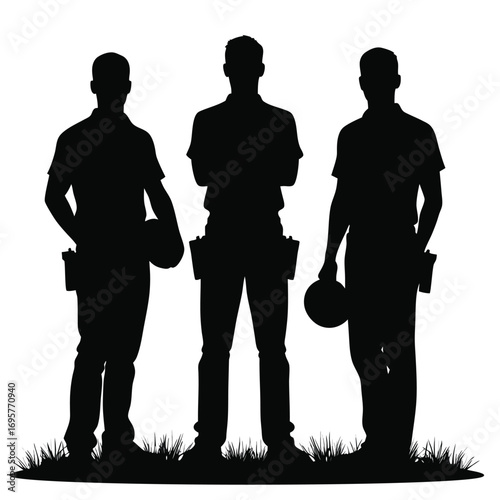 Three male construction workers silhouettes on white background