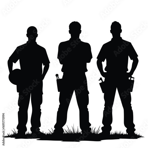 Three male construction workers silhouettes on white background