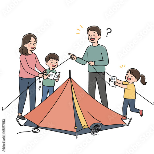 Vector Illustration: Happy Family Learning Tent Setup Skills During Outdoor Camping Adventure