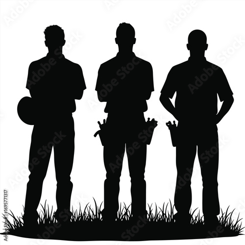 Three male construction workers with arms crossed and one holding hard hat