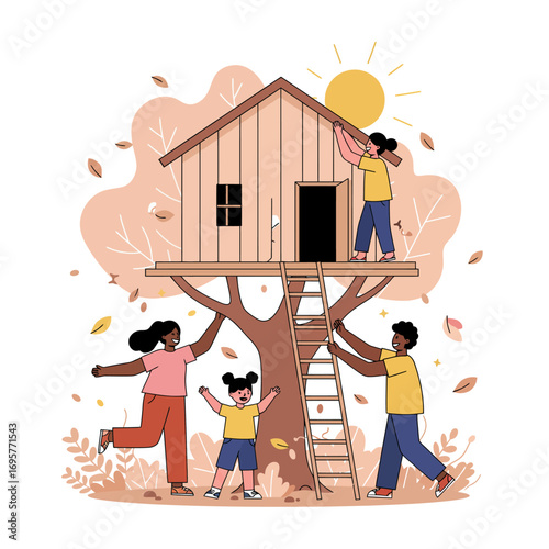 Diverse Family Team Building a Dream Treehouse Vector Illustration for Lasting Childhood Memories