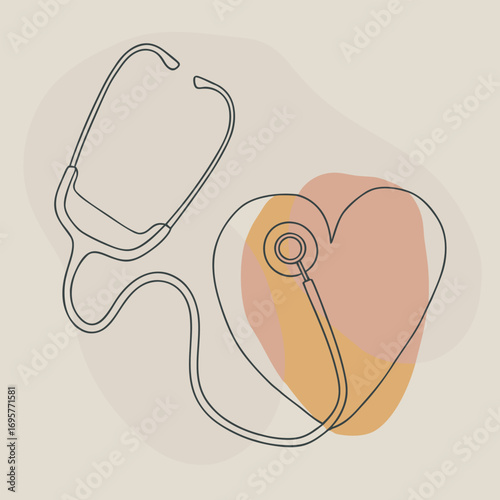 Minimalist Stethoscope Artwork in Continuous Line Style Depicting Healthcare and Cardiology with Abstract Shapes as Background
