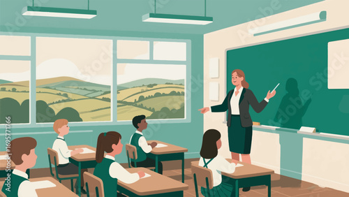 illustration of a friendly teacher teaching in class vector design template