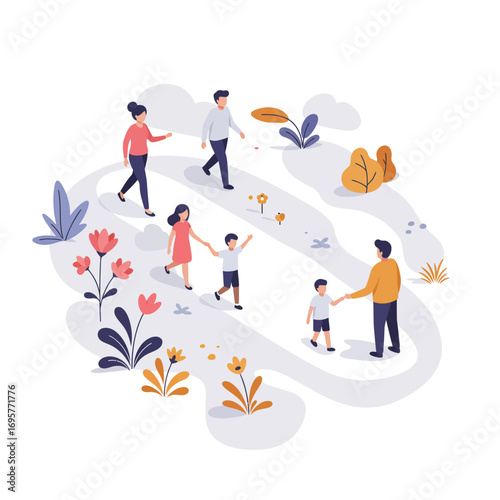 Family and Community Paths: Navigating Life's Journey Together - Modern Vector Illustration