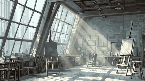 Cozy artist studio interior with large window morning sunlight, morning light easel and canvas, wooden floor and brick wall art workshop