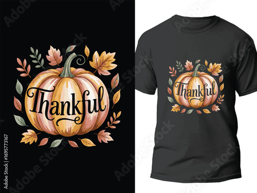 Thankful T-shirt Design with Pumpkin and Autumn Leaves, Vector Art For Thanksgiving Day