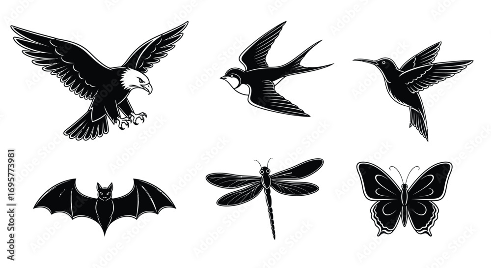 Obraz premium A collection of black and white illustrations featuring various flying creatures including an eagle, swallow, hummingbird, bat, dragonfly, and butterfly.