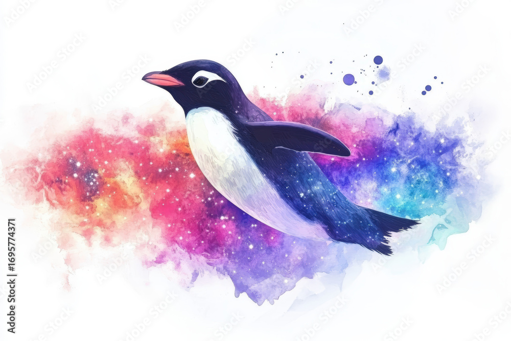 Fototapeta premium A whimsical watercolor artwork of a penguin soaring through a vibrant galaxy.