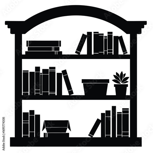 Arch top bookshelf silhouette with books and plants 