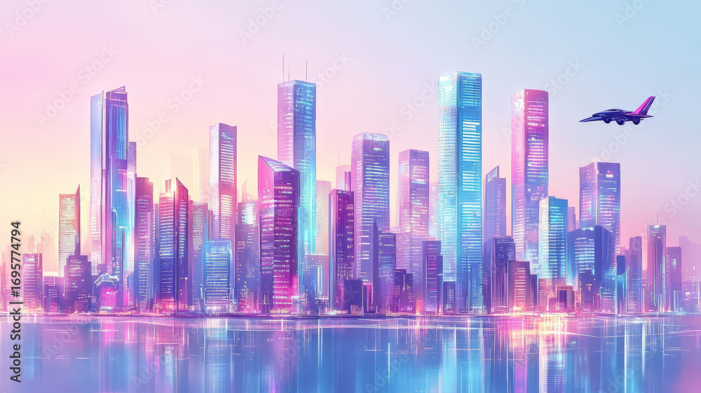Fototapeta premium A stunning, neon-lit cityscape with a futuristic jet flying above the horizon reflected in the water.