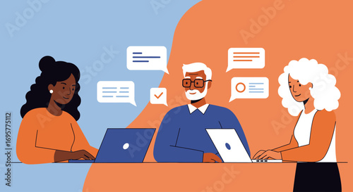 Illustration of three people of different ages and ethnicities working together on laptops, with speech bubbles indicating communication and collaboration.